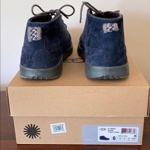 Boys UGG “K Canoe” blue suede chukka shoes.